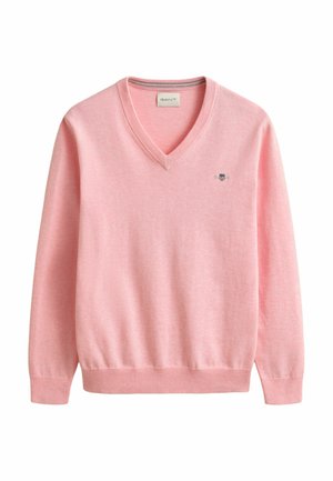 Roze V-hals trui met lange mouwen, geribbelde manchetten en zoom, met een klein geborduurd logo op de linkerborst.