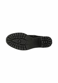 Semelle en caoutchouc noir avec un motif de semelle profonde, présentant un profil large et plat ainsi qu'une partie supérieure texturée pour une meilleure adhérence et durabilité.