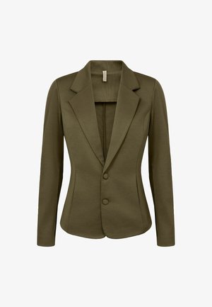 Olive green blazer with a tailored fit, notched lapels, and two buttons. Smooth fabric and long sleeves create a structured silhouette.