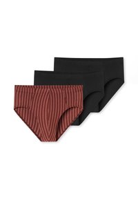 Tres pares de ropa interior: uno burdeos con rayas verticales y dos negros lisos. Hechos de una tela suave y flexible con un diseño clásico de calzón.