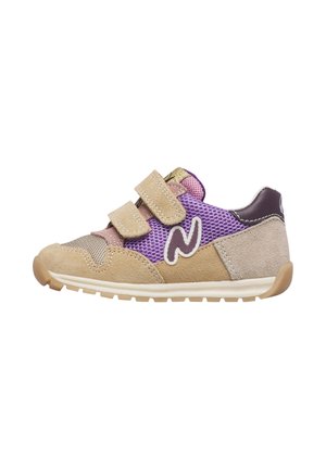 Child's beige, purple, and pink sneaker with two Velcro straps, mesh and suede material, and a rubber sole on a white background.