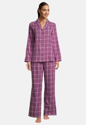 Lila rutiga pyjamas-set i mjukt tyg, med en knäppning upptill och långärmad topp samt matchande vida byxor med vitt rutmönster.
