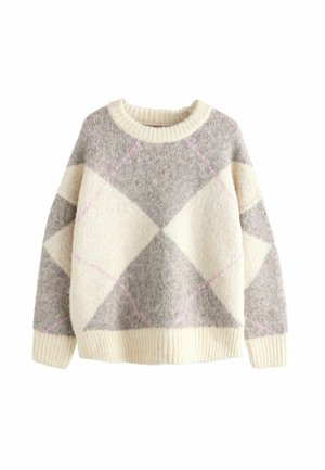 Pull mélange laine col rond avec motif losanges gris et crème et fines lignes roses, poignets, ourlet et col côtelés.