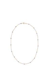 Gouden en zilverkleurige ketting met afwisselende gladde kralen, fijn kettingontwerp en een hondenclipsluiting. Elegante en minimalistische stijl.