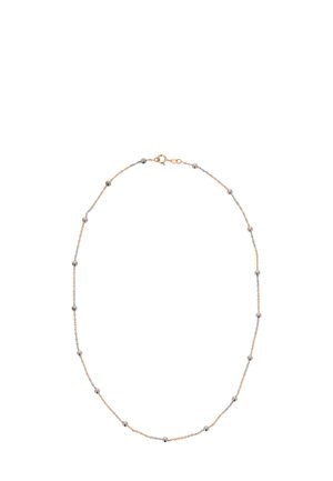 Gouden en zilverkleurige ketting met afwisselende gladde kralen, fijn kettingontwerp en een hondenclipsluiting. Elegante en minimalistische stijl.