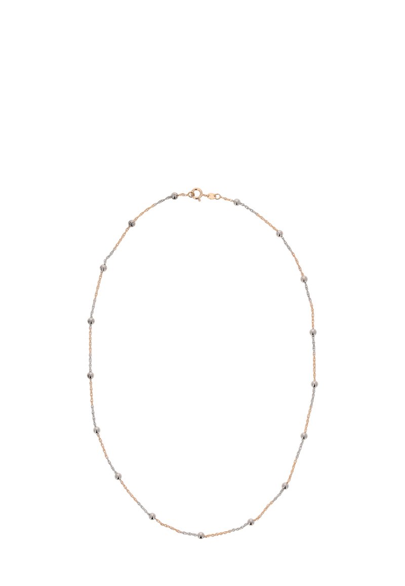 Gouden en zilverkleurige ketting met afwisselende gladde kralen, fijn kettingontwerp en een hondenclipsluiting. Elegante en minimalistische stijl.