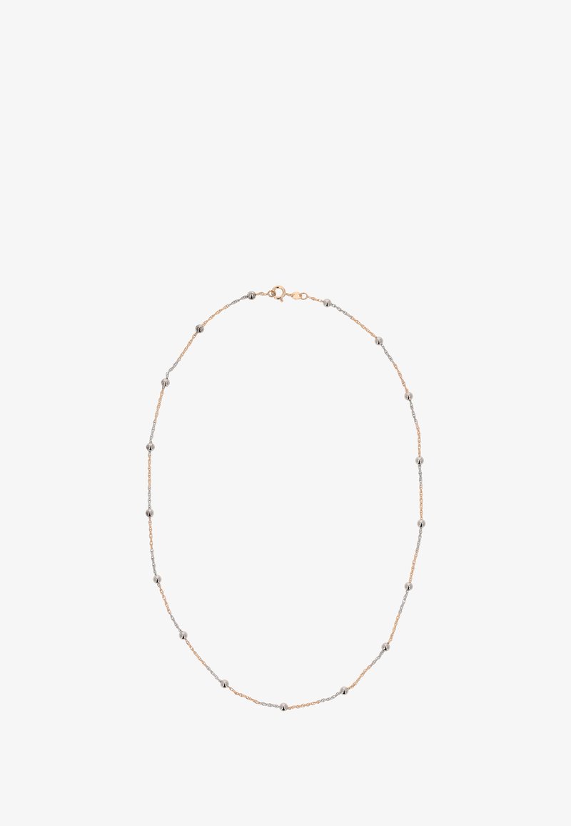 Gouden en zilverkleurige ketting met afwisselende gladde kralen, fijn kettingontwerp en een hondenclipsluiting. Elegante en minimalistische stijl.