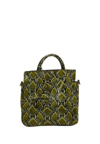 Borsa tote con stampa serpente verde e nera, con manici doppi, superficie texturizzata e una piccola pochette staccabile attaccata con un gancio.
