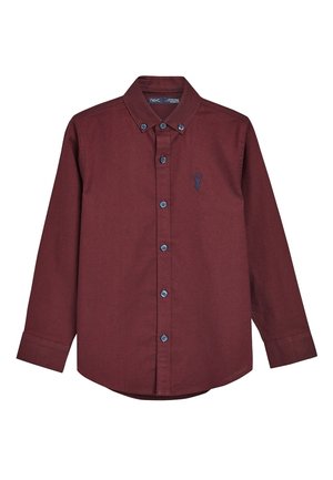 Chemise bordeaux à manches longues avec boutons et col, avec logo homard bleu foncé brodé sur la poitrine gauche.