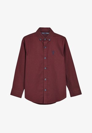 Chemise bordeaux à manches longues avec boutons et col, avec logo homard bleu foncé brodé sur la poitrine gauche.