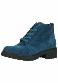 Blauwe nubuck enkellaarsjes met veters, rubberen zool en textuur bovenmateriaal. Voorzien van een ronde neus en blokhak voor extra steun.