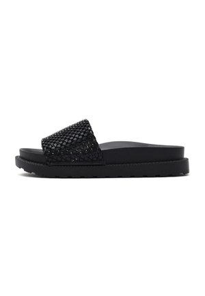 Zwarte slide sandalen met een brede band met een gestructureerd, sprankelend oppervlak. Dikke, platte zool met een geribde rand voor grip.