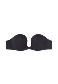 Zwarte strapless beha met vorstvormige cups, gladde textuur en een centrale uitsparing. De band is breed, wat ondersteuning biedt zonder zichtbare bandjes.