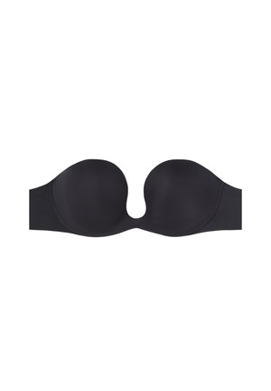 Zwarte strapless beha met vorstvormige cups, gladde textuur en een centrale uitsparing. De band is breed, wat ondersteuning biedt zonder zichtbare bandjes.