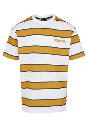 Striped t-shirt made of cotton, featuring alternating white and mustard yellow stripes with dark teal accents. Includes "STARTER" logo in yellow.