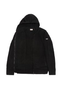Veste à capuche noire avec une couche extérieure en tricot texturé et une doublure intérieure en polaire douce. Comprend des poignets côtelés et une fermeture éclair à l'avant.