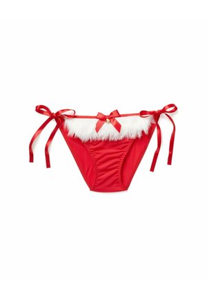 Roter Bikini-Unterteil mit weißen Kunstpelzverzierungen, Satinbändern an den Seiten und einem kleinen Glockenakzent in der Mitte. Strukturierter Stoff.