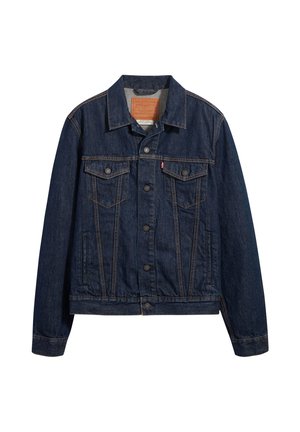 Dark blue denim jacket with a collared neck, front pockets, and button closure. Features contrasting stitching and a classic cut.