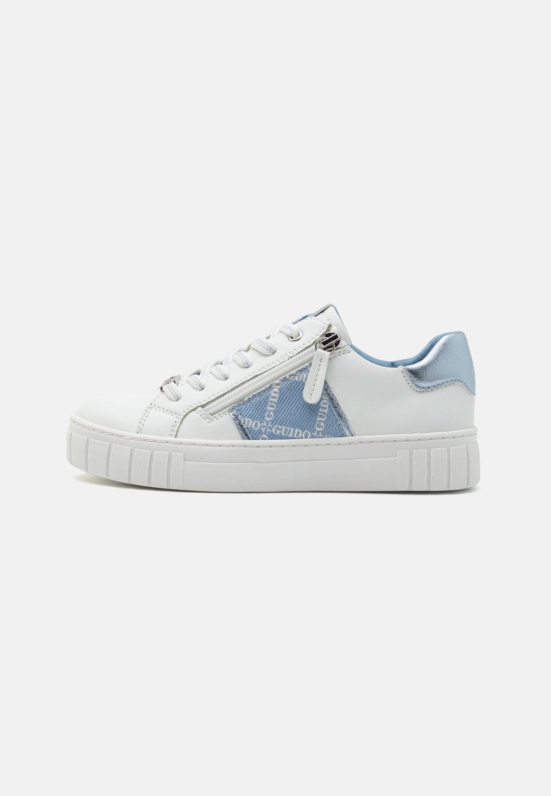 White leather sneaker with a blue denim accent, featuring lace-up front, side zipper, and textured white sole with vertical stripes.