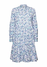 Robe chemise à manches longues avec un motif floral bleu, blanc et violet, devant à boutons, et une jupe à étages sur un fond blanc.