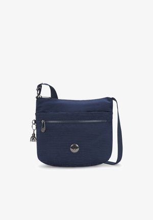 Navy blue nylon shoulder bag with textured surface, featuring a main zip compartment, front zip pocket, and a metal charm accent.