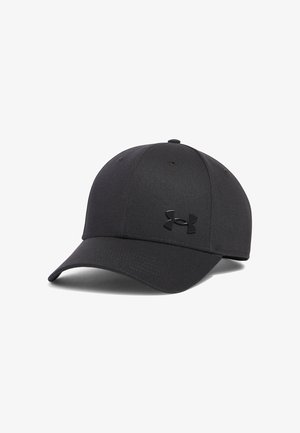 Black baseball cap with curved brim and black Under Armour logo on front center.