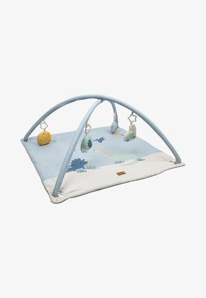Spielgymnastik für Säuglinge mit einer weichen, blauen gepolsterten Matte. Verfügt über einen abnehmbaren Bogen und hängende Spielzeuge: einen gelben Stern, einen grünen Dinosaurier und einen blauen Fisch.