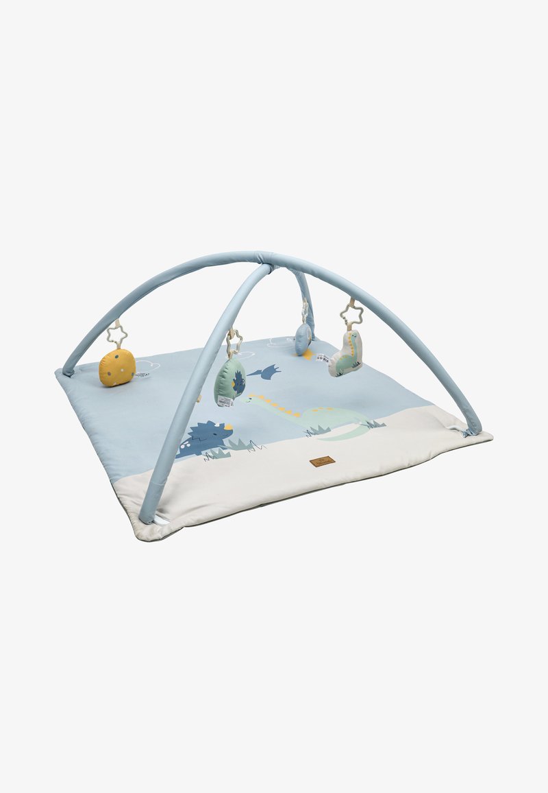 Spielgymnastik für Säuglinge mit einer weichen, blauen gepolsterten Matte. Verfügt über einen abnehmbaren Bogen und hängende Spielzeuge: einen gelben Stern, einen grünen Dinosaurier und einen blauen Fisch.