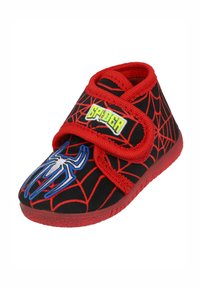 Zapatillas para niños pequeños en colores rojo y negro con un patrón de telaraña, que incluyen un gráfico de una araña azul y cierre de velcro para facilitar su colocación.