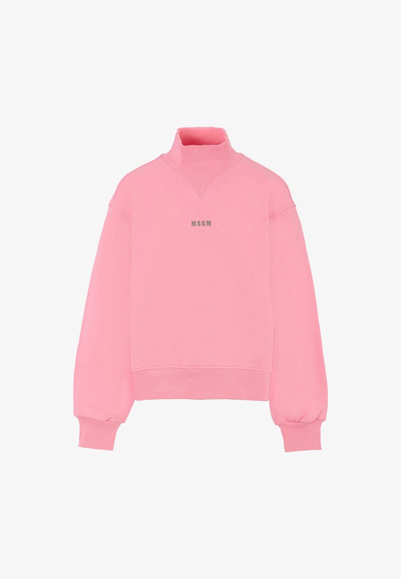 Felpa rosa con collo alto, polsini a coste e vestibilità comoda. Presenta un sottile logo "MSGM" al centro. Tessuto morbido.