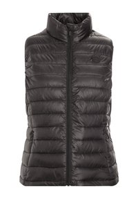 Zwarte mouwloze puffer vest met een hoge kraag, voorzien van een gestikt ontwerp, een frontale ritssluiting en een circulair logo op de borst. Soepele textuur.