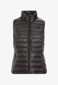 Chaleco de plumas negro sin mangas con un cuello alto, que presenta un diseño acolchado, cremallera frontal y un logotipo circular en el pecho. Textura suave.