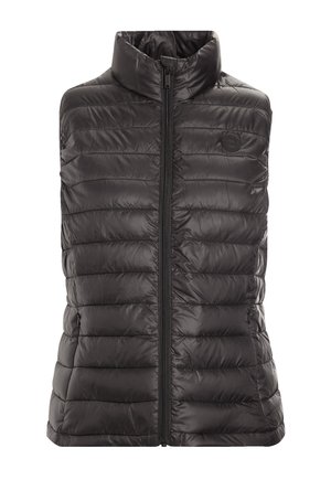 Gilet rembourré noir sans manches avec un col haut, doté d'un design matelassé, d'une fermeture éclair sur le devant et d'un logo circulaire sur la poitrine. Texture lisse.