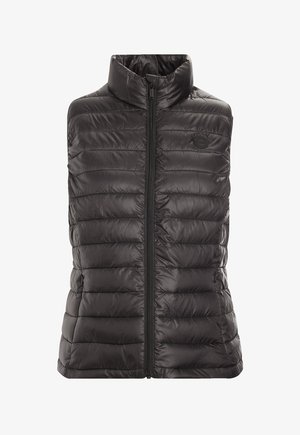 Chaleco de plumas negro sin mangas con un cuello alto, que presenta un diseño acolchado, cremallera frontal y un logotipo circular en el pecho. Textura suave.