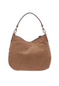 Brown suede handbag with a smooth texture, curved shape, and dark leather accents. Features a zip closure and a single shoulder strap.