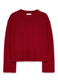 Raudona trumpa megztinis su apvalia iškirpte, plačiomis rankovėmis ir raukiniais ant rankovių. Pagamintas iš minkšto, tekstūruoto mezgimo medžiagos.