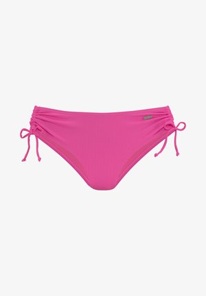 Roza bikini spodnji del iz rebraste tkanine z bočnimi vezalkami za prilagodljivost. Gladka tekstura z ozkim in minimalističnim dizajnom.