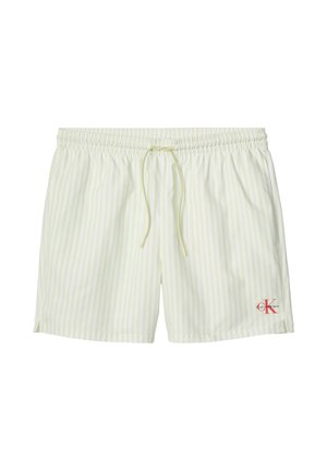 Jasnożółte i białe szorty kąpielowe w paski z elastycznym pasem, sznurkiem do regulacji i małym czerwonym logo Calvin Klein na przednim brzegu.