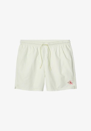 Jasnożółte i białe szorty kąpielowe w paski z elastycznym pasem, sznurkiem do regulacji i małym czerwonym logo Calvin Klein na przednim brzegu.