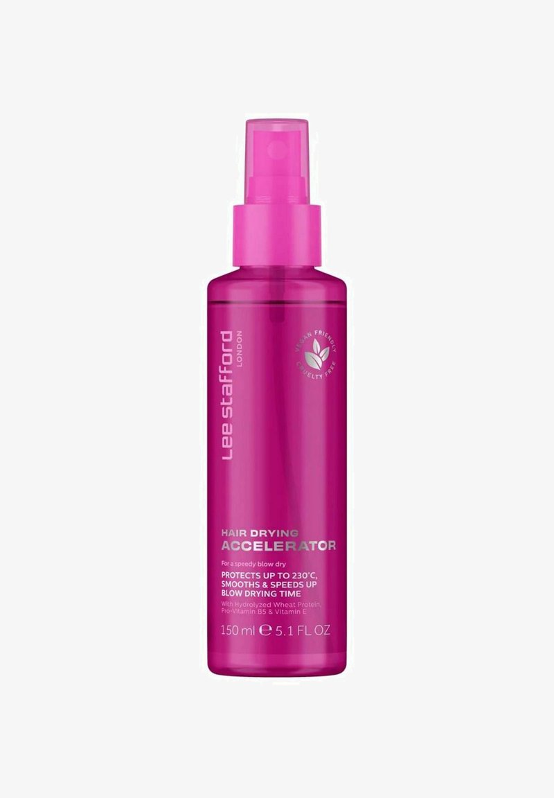 Roze kunststof sprayfles met een pompkap, gelabeled "Haardrogende Versneller," bevat 150 ml product. Kenmerken vegan en diervriendelijke iconen.