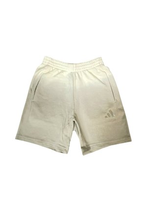 Pantaloncini sportivi beige chiaro con vita elastica, tasche laterali e piccolo logo Adidas sulla gamba destra.