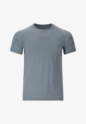 Kurzärmliges graues Sport-T-Shirt mit Rundhalsausschnitt und dezenter strukturierter Stoffoberfläche, flach liegend auf weißem Hintergrund dargestellt.