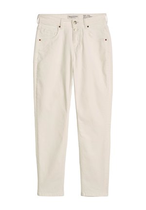 Weiße High-Waist Skinny Jeans mit Fronttaschen, Gürtelschlaufen und zwei Knöpfen am Bund.