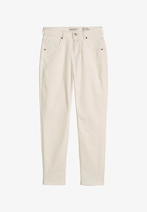 Weiße High-Waist Skinny Jeans mit Fronttaschen, Gürtelschlaufen und zwei Knöpfen am Bund.