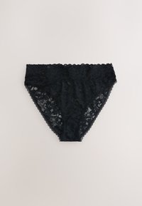 Culotte de bikini taille haute pour femme en dentelle noire avec motifs floraux, présentée à plat sur une surface claire.