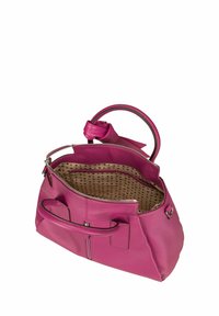Bright pink leather handbag with top handles, open zipper, and beige patterned fabric interior lining visible.