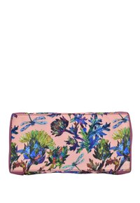 Rechthoekig roze tasje met kleurrijke botanische en libelprint, voorzien van groene, blauwe en paarse bladeren en bloemen.