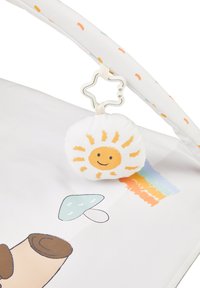 Soft play mat with a white background, featuring a sun-shaped plush toy, and colorful patterns including orange, blue, and green accents.