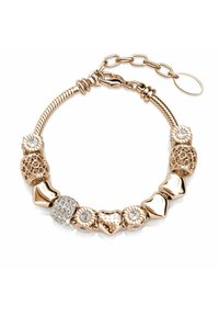 Bracciale in tonalità oro con diverse perle di forma, tra cui cuori e accenti texturizzati, con pietre chiare e scintillanti e una chiusura a catena.