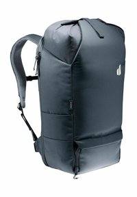 Sac à dos en tissu gris foncé avec une finition lisse, doté d'un sommet arrondi, de bretelles réglables et d'une poche zippée à l'avant.